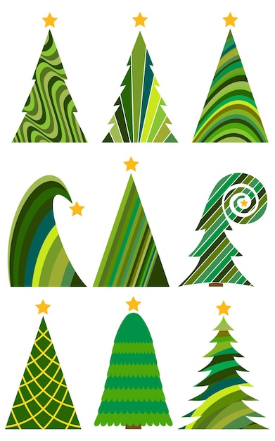 Conjunto de árboles de Navidad. Ilustración de vector aislado de feliz Navidad y próspero año nuevo.