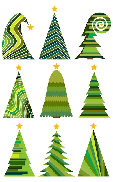 Conjunto de árboles de Navidad. Ilustración de vector aislado de feliz Navidad y próspero año nuevo.