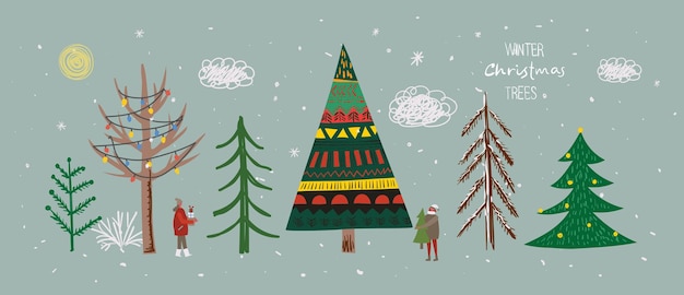 Conjunto de árboles de Navidad de invierno y sol, nieve, copo de nieve, arbusto, nube, gente