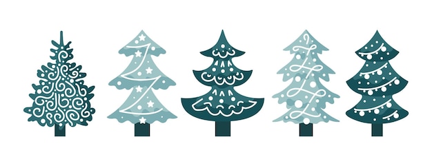 Este conjunto de árboles de Navidad muestra un diseño minimalista en un estilo vectorial plano