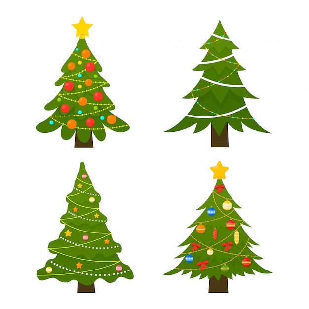 Conjunto de árboles de Navidad Árbol de invierno decorado con luces Garland, bolas decorativas y lámparas.