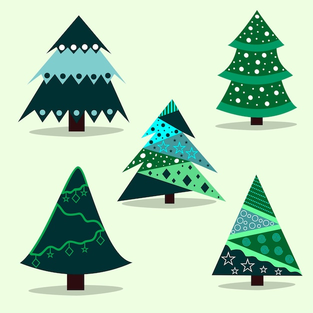 Conjunto de árboles de Navidad vectoriales para decorar tarjetas banners verdes con diferentes patrones y decoraciones eps 10