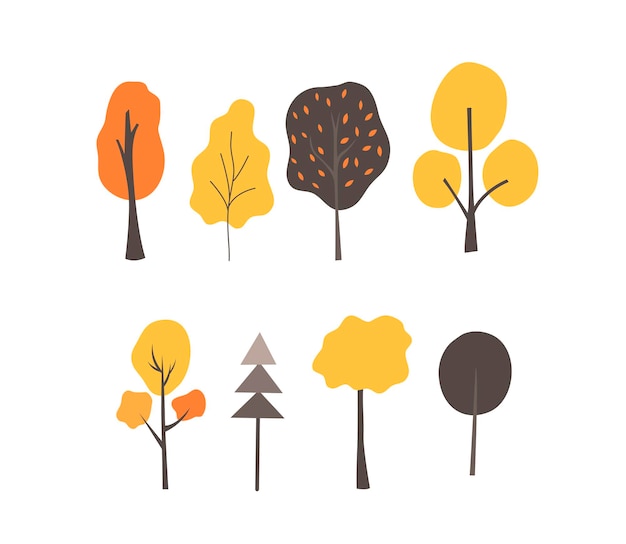 Conjunto de árboles otoñales en estilo escandinavo sobre fondo blanco. Ilustración de vector plano.
