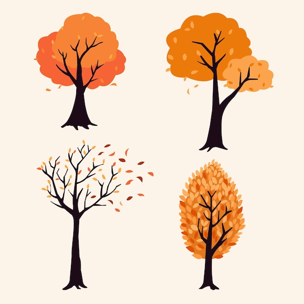 Conjunto de árboles de otoño dibujados a mano