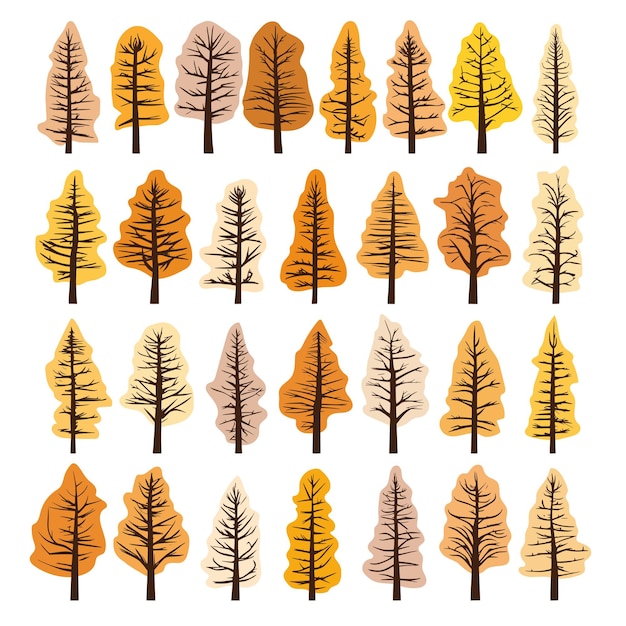 Conjunto de árboles pintados árboles de otoño aislados sobre fondo blanco