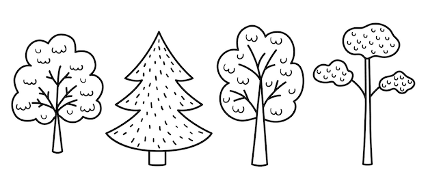 Conjunto de árboles vectoriales en blanco y negro Página para colorear de Woodland para niños Colección de contorno de naturaleza linda con plantas Iconos de jardín o bosque packxA