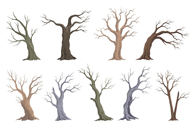 Conjunto de árboles viejos muertos dibujado a mano troncos sin hojas Plantas de la temporada de invierno o otoño Iconos silueta de rama seca desnuda Conceptos de problemas ecológicos de la naturaleza Ilustración vectorial aislada