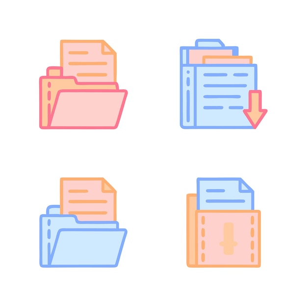 conjunto de archivos, carpetas, documentos e iconos de descarga para la gestión de archivos digitales