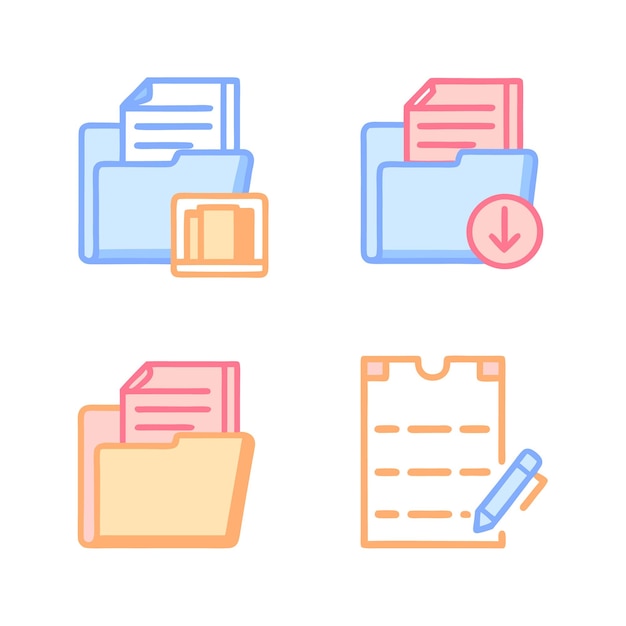 conjunto de archivos, carpetas, documentos e iconos de descarga para la gestión de archivos digitales