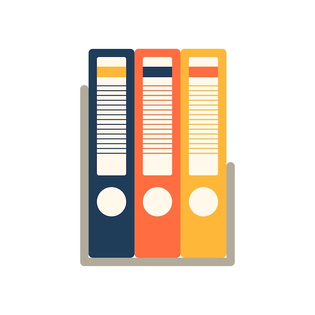 Vector conjunto de archivos de carpetas de office. muchas carpetas de documentos en color sobre fondo blanco de estantería. azul amarillo naranja