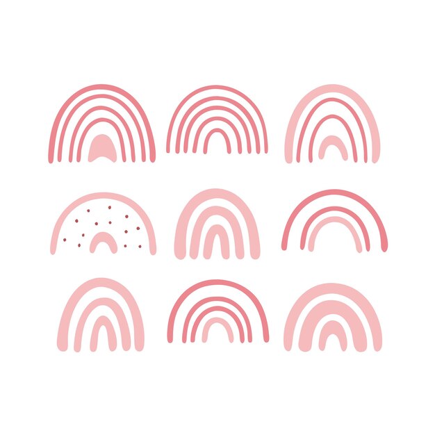 Conjunto de arco iris boho rosado dibujado a mano en un fondo blanco aislado 4
