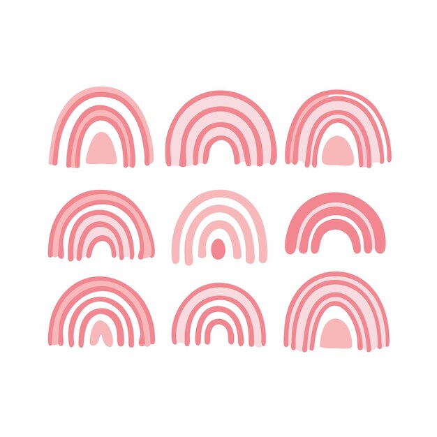 Conjunto de arco iris boho rosado dibujado a mano sobre un fondo blanco aislado 5