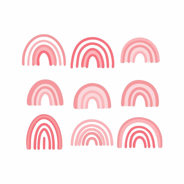 Conjunto de arco iris boho rosado dibujado a mano sobre un fondo blanco aislado 6