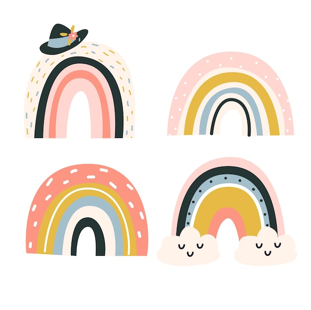 Conjunto de arco iris bonitos dibujados a mano en estilo escandinavo ilustración vectorial