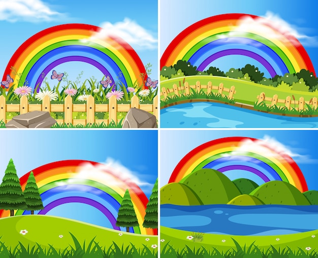 Vector conjunto de arco iris en campos verdes