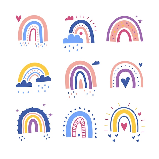 Conjunto de arco iris con corazones nubes lluvia en estilo infantil escandinavo aislado sobre fondo blanco perfecto para niños carteles impresiones tarjetas tela libros para niños