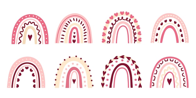 Conjunto de arco iris decorativos con corazones y tonos rosados pastel Día de San Valentín