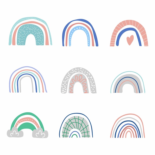 Conjunto de arco iris de dibujos animados Arco iris de colores colección chidish de elementos del amanecer de la mano Diseño de arte de vivero para imprimir en ropa de bebé y textiles decoración del hogar ilustración vectorial