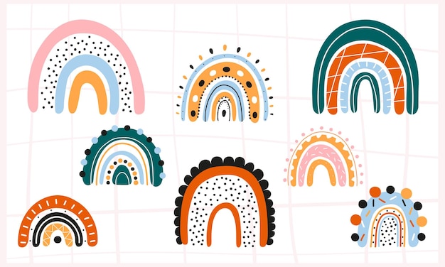 Un conjunto de arco iris escandinavo con adornos Un conjunto moderno y colorido con iconos abstractos del arco iris