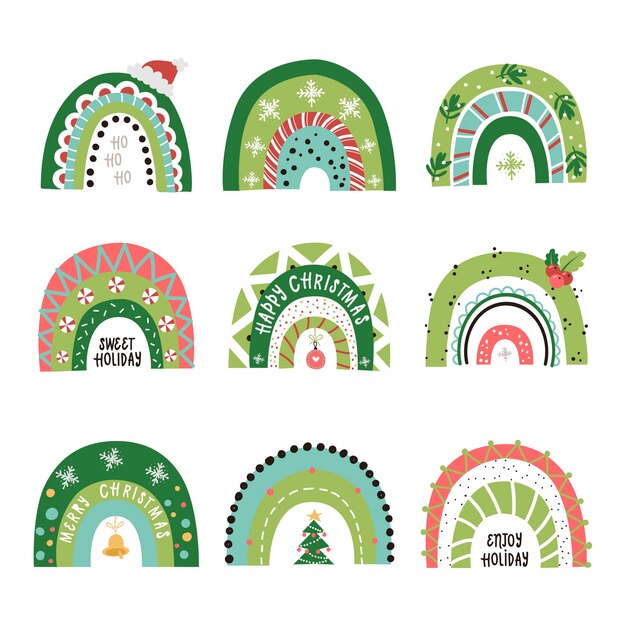 Vector conjunto de arco iris festivo. cliparts para el diseño de tarjetas navideñas para niños, habitaciones, ropa