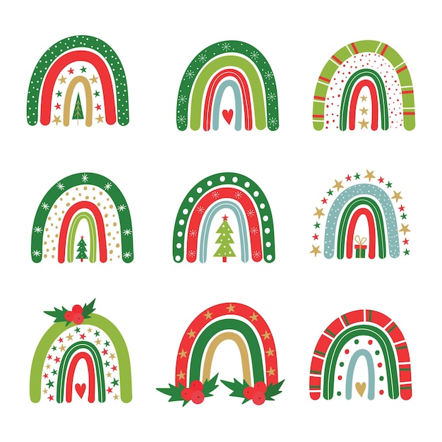 Conjunto de arco iris festivo Ilustración de bebé de Vector de arco iris de Navidad Símbolos de Navidad y año nuevo