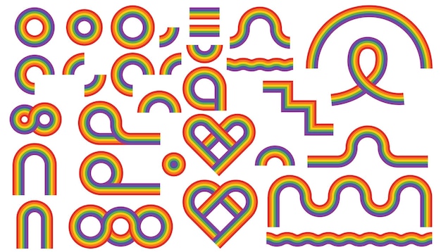 Conjunto de arco iris LGBTQ Colección brillante de diferentes formas con rayas texturizadas