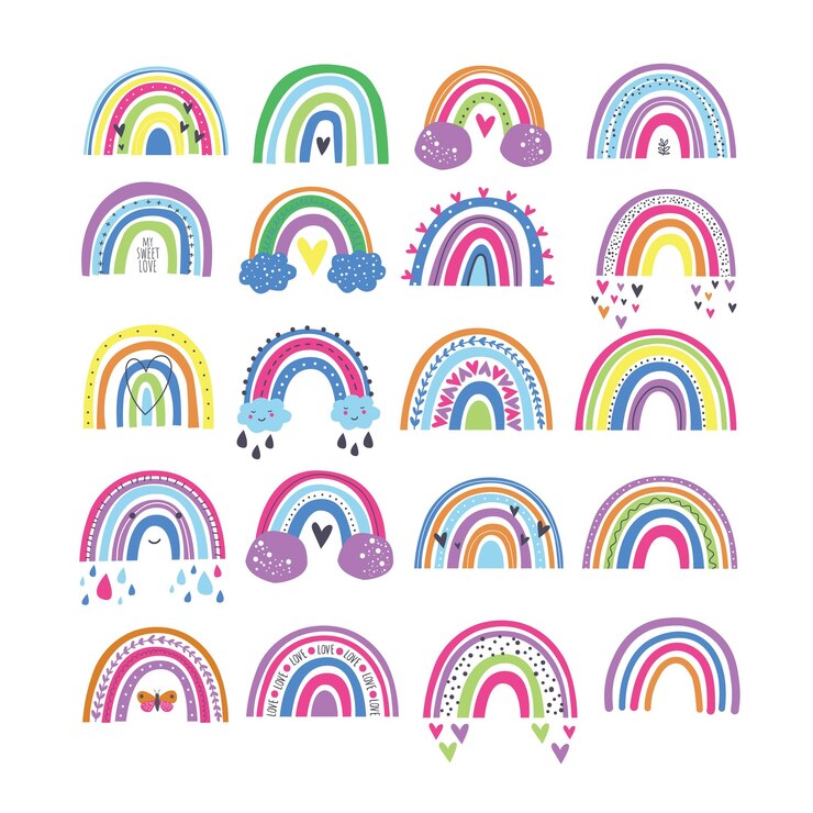 Vector conjunto de arco iris multicolor sobre fondo blanco. colección gráfica colorida del doodle del arco iris de dibujos animados