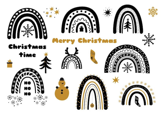 Conjunto de arco iris de Navidad Arco iris de invierno Elemento de arco iris lindo negro aislado en blanco Vector de imágenes prediseñadas de Año Nuevo
