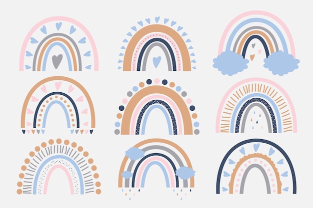 Conjunto de arco iris pastel con corazones y nubes en estilo escandinavo aislado sobre fondo azul pastel Ilustración vectorial para el diseño de telas para bebés juguetes libros invitaciones