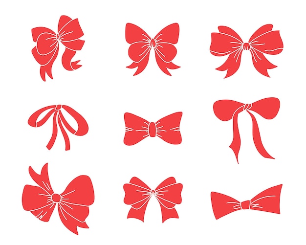 Conjunto de arco de regalo Silueta roja cumpleaños y cintas elegantes de Navidad para decoración de regalos Decoración diferente para cajas de embalaje Elementos de envoltura tarjetas paquete de envoltura vector conjunto aislado