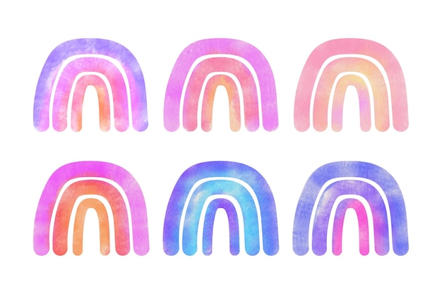Un conjunto de arcoíris de acuarela con diferentes colores.