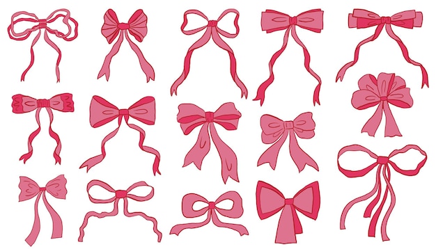 Conjunto de arcos de cinta de coqueta dibujados a mano de color rosa Colección de arcos festivos femeninos de dibujos animados retro