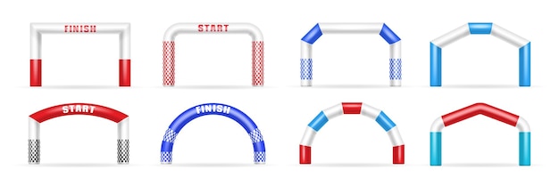 Conjunto de arcos inflables realistas con inicio y final equipo de goma para carreras de maratón plantilla de puerta de globo de aire aislado para ilustración de vector 3d de campeonato de competencia