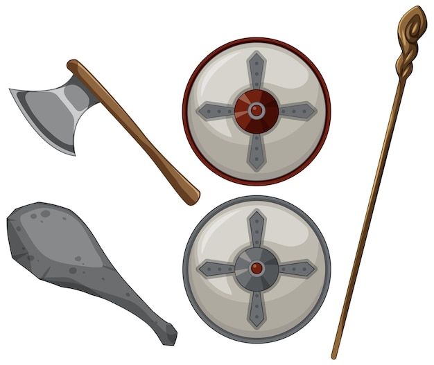 Vector conjunto de arma medieval sobre fondo blanco.