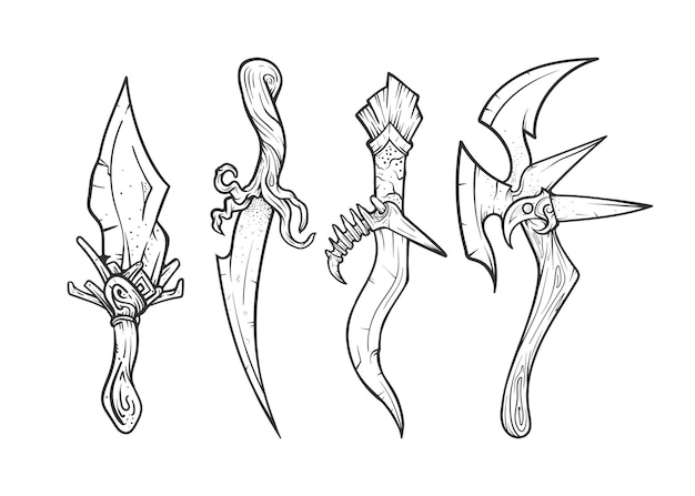 Conjunto de armas antiguas Ilustración dibujada a mano vectorial Dibujo de estilo boceto Cuchillos de fantasía