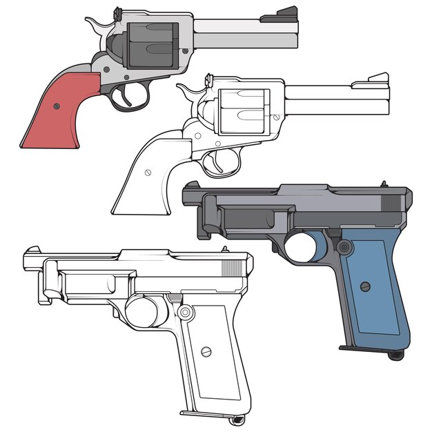 Conjunto de armas de fuego militares o policiales estilo vectorial Pistola de tiro Ilustración de arma Línea vectorial para entrenamiento