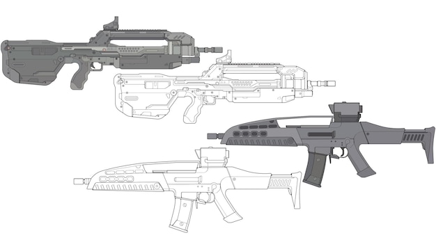 Conjunto de armas de fuego militares o policiales estilo vectorial pistola de tiro ilustración de arma línea vectorial para entrenamiento