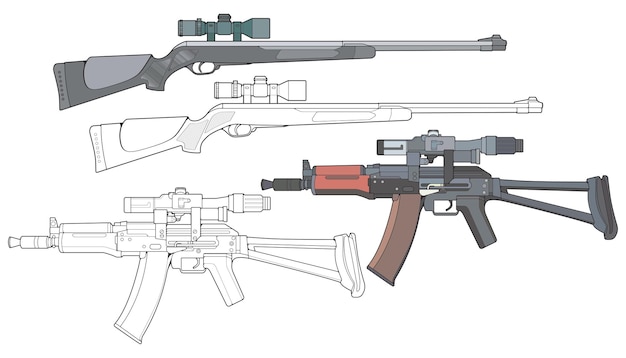 Conjunto de armas de fuego militares o policiales estilo vectorial Pistola de tiro Ilustración de arma Línea vectorial para entrenamiento