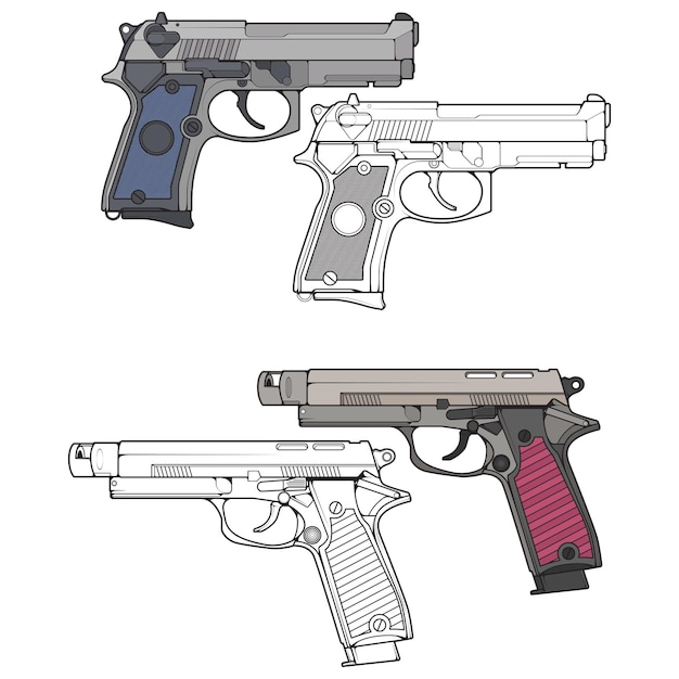 Conjunto de armas de fuego militares o policiales estilo vectorial Pistola de tiro Ilustración de arma Línea vectorial para entrenamiento