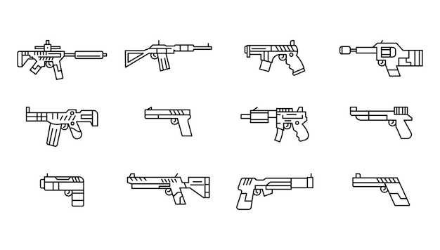 Vector conjunto de armas con iconos de líneas vectoriales símbolo de esquema arma de seguridad y bala militar