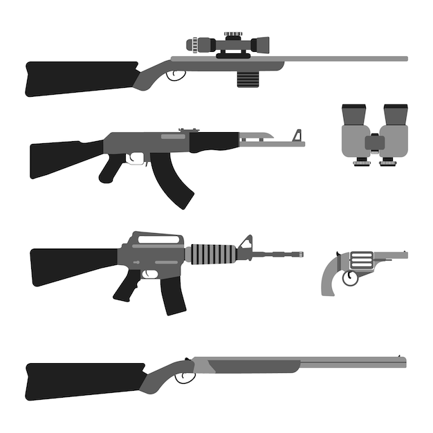 Conjunto de armas modernas. equipos de estilo plano. armas y herramientas aisladas. ilustracion vectorial