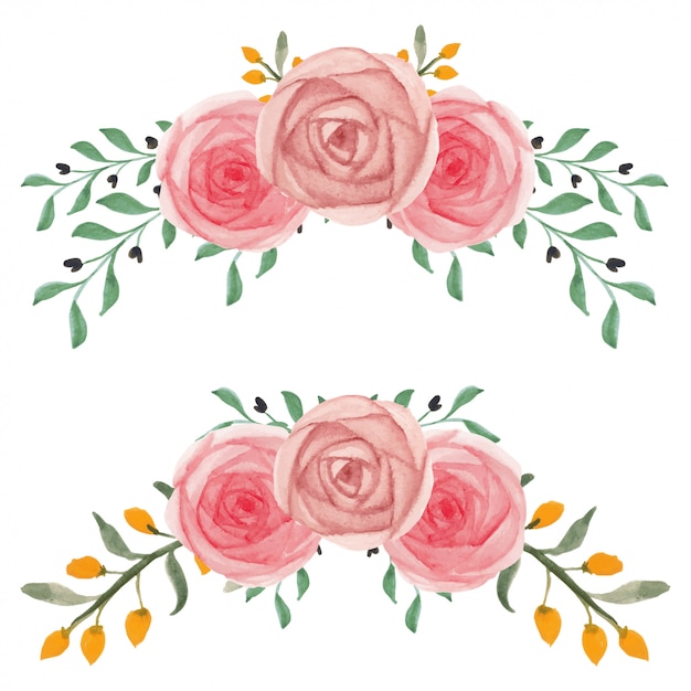 Vector conjunto de arreglo floral rosa pintado a mano en acuarela