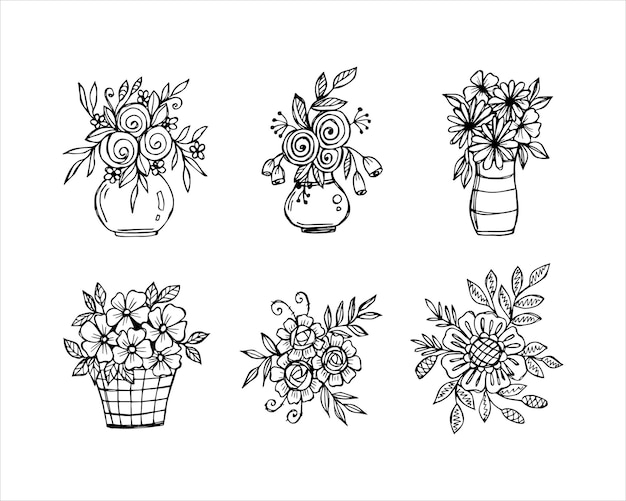Conjunto de arreglo de ramo de flores dibujado a mano estilo garabato o boceto