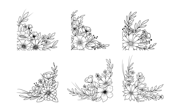 Un conjunto de arreglos florales dibujados a mano contorno flores y hojas ramo