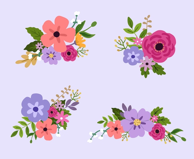 Conjunto de arreglos de flores púrpuras