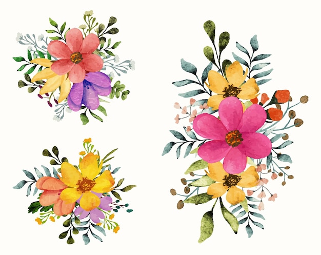 Conjunto de arreglos de ramo de rama floral acuarela con flores y hojas para diseño de tarjeta