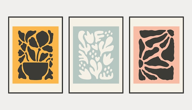 Conjunto de arte abstracto de Mattise Tres láminas de arte enmarcadas colgadas en una pared