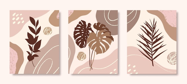 Conjunto de arte botánico con hojas tropicales, ramas y formas orgánicas en estilo minimalista. Vector ilustración abstracta en colores pastel para impresión, portada, papel tapiz, carteles, historias de redes sociales