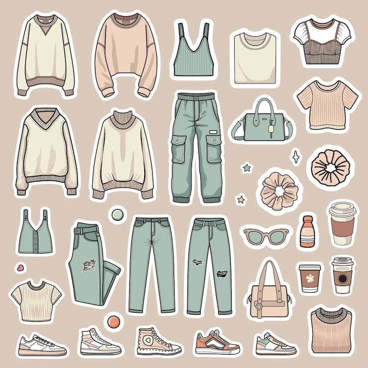 Vector conjunto de arte de clips vectorial de ropa de mujer de moda, vaqueros, zapatillas deportivas y accesorios de estilo femenino