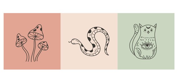 Conjunto de arte de línea abstracta de elemento de diseño de tarjeta de bruja esotérica de tarot místico